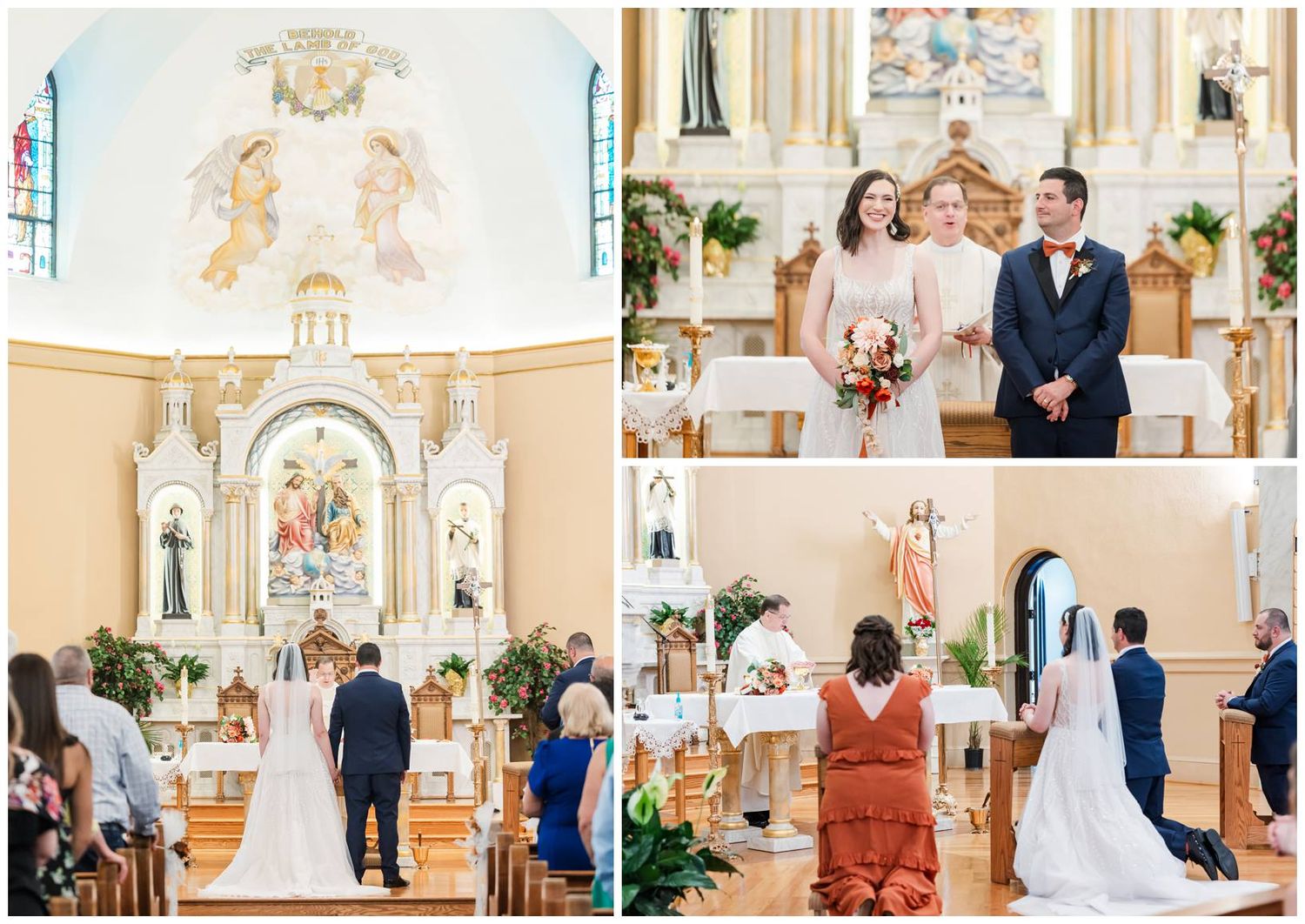 Panoramic view of Catholic church wedding ceremony with ornate altar and stained glass windows.