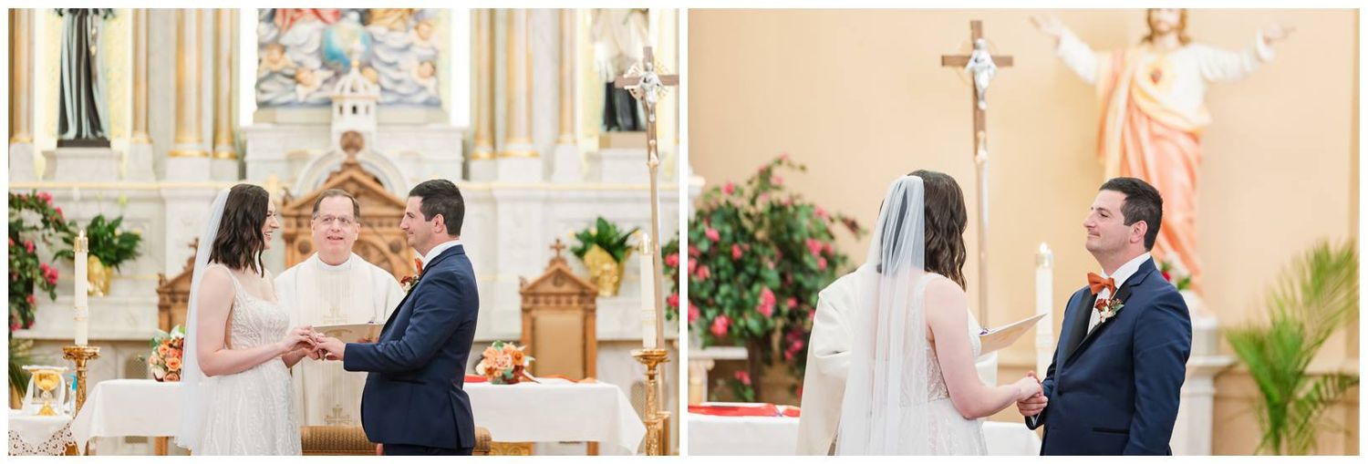 Traditional Catholic church ceremony with elegant decor and architectural details.