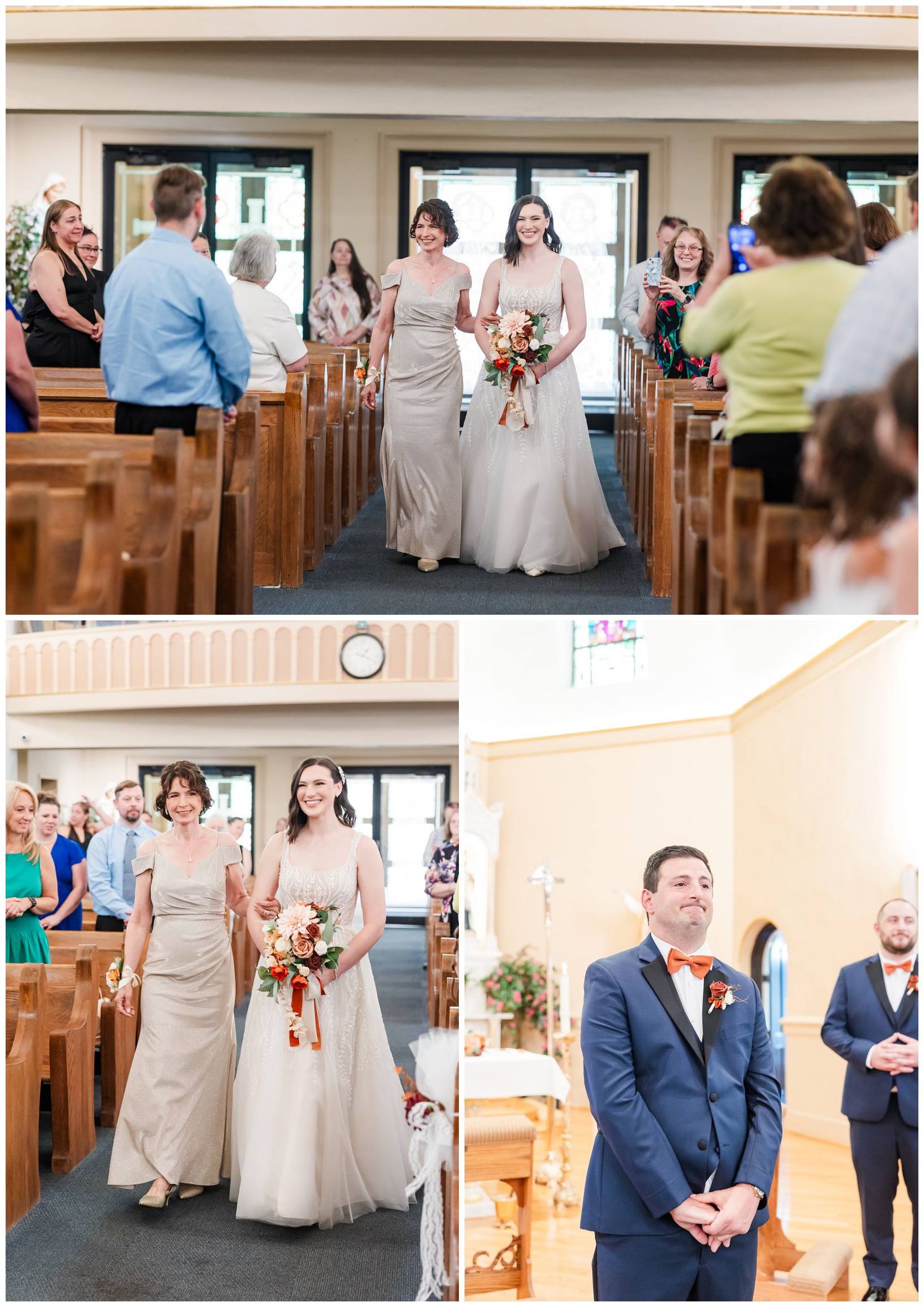 Wedding ceremony in a traditional church setting with wooden pews and formal decorations.