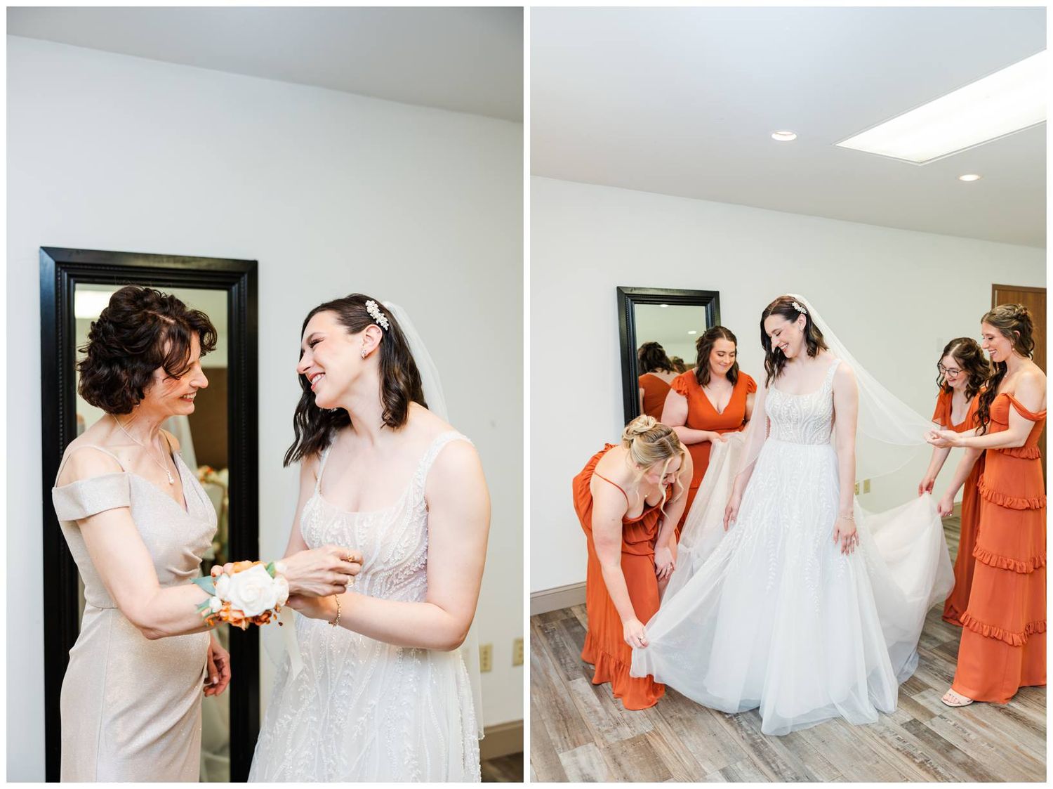 Bridesmaids in coral dresses helping bride prepare for wedding ceremony.