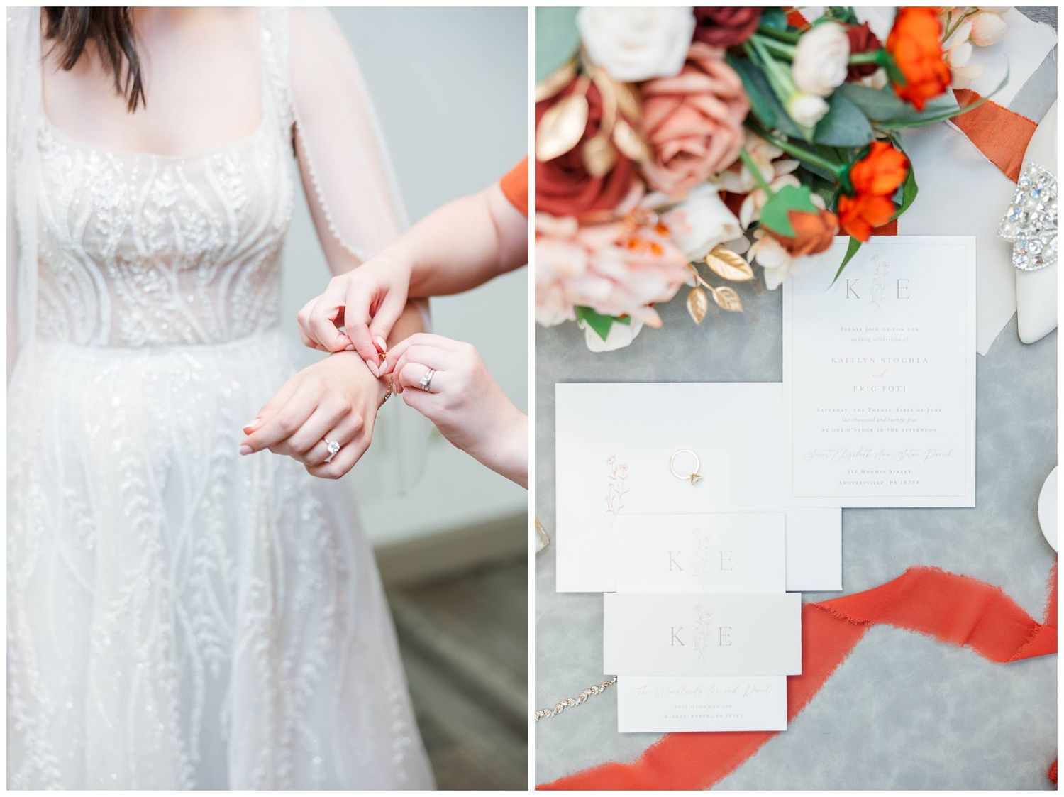 White wedding dress details with coral orange accents and delicate invitation suite styling.