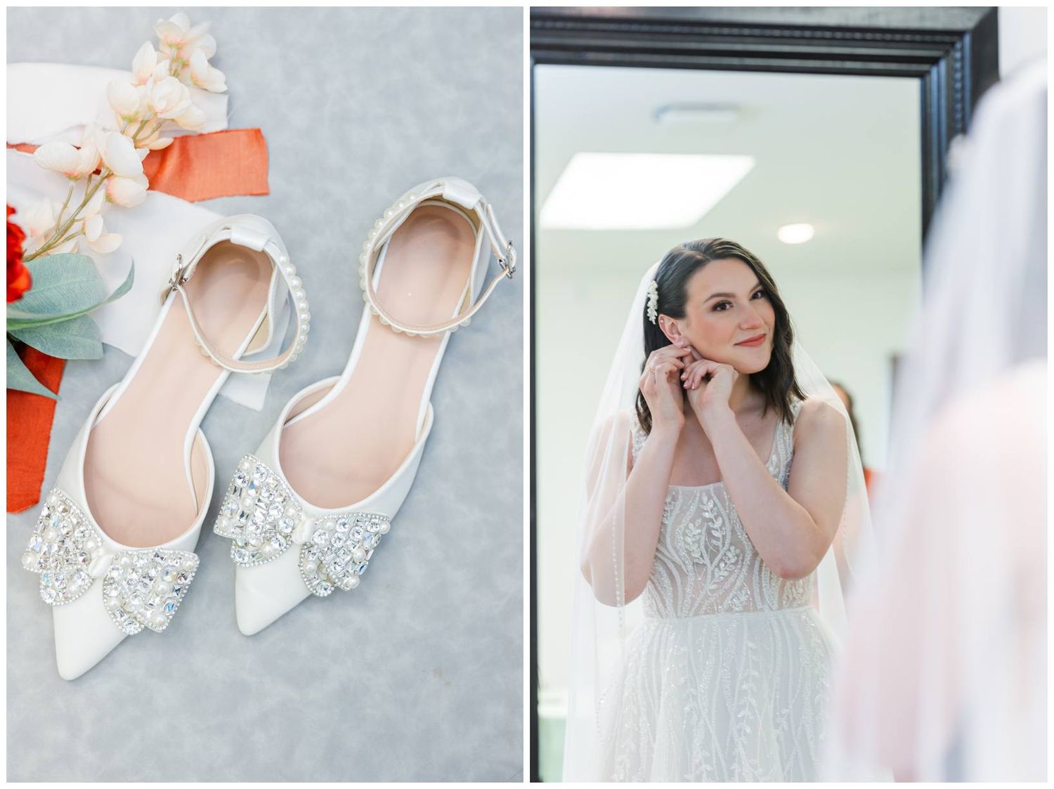 Elegant bridal accessories including delicate white shoes and lace details laid out on a gray surface.