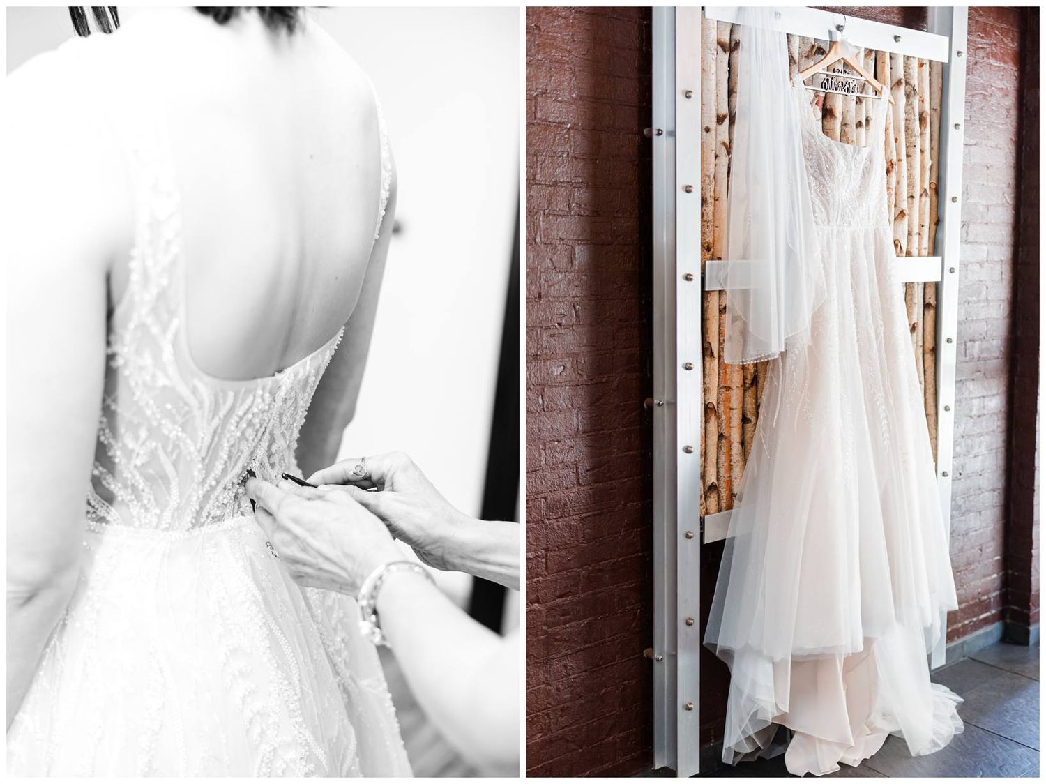 A series of wedding dress details showing close-ups of white lace, tulle, and fabric against wooden columns.
