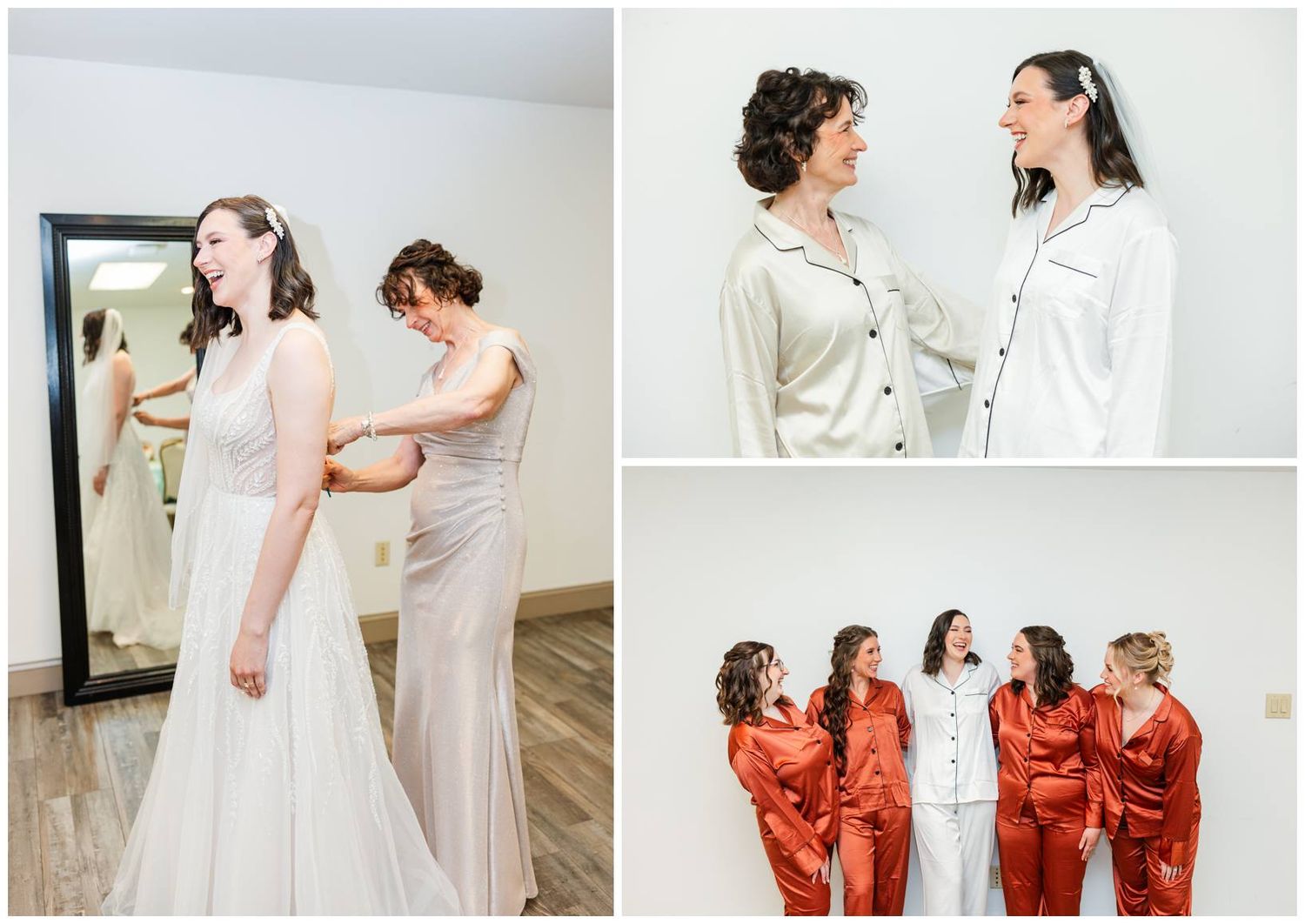 Bridesmaids in coral colored dresses stand together during wedding preparations.