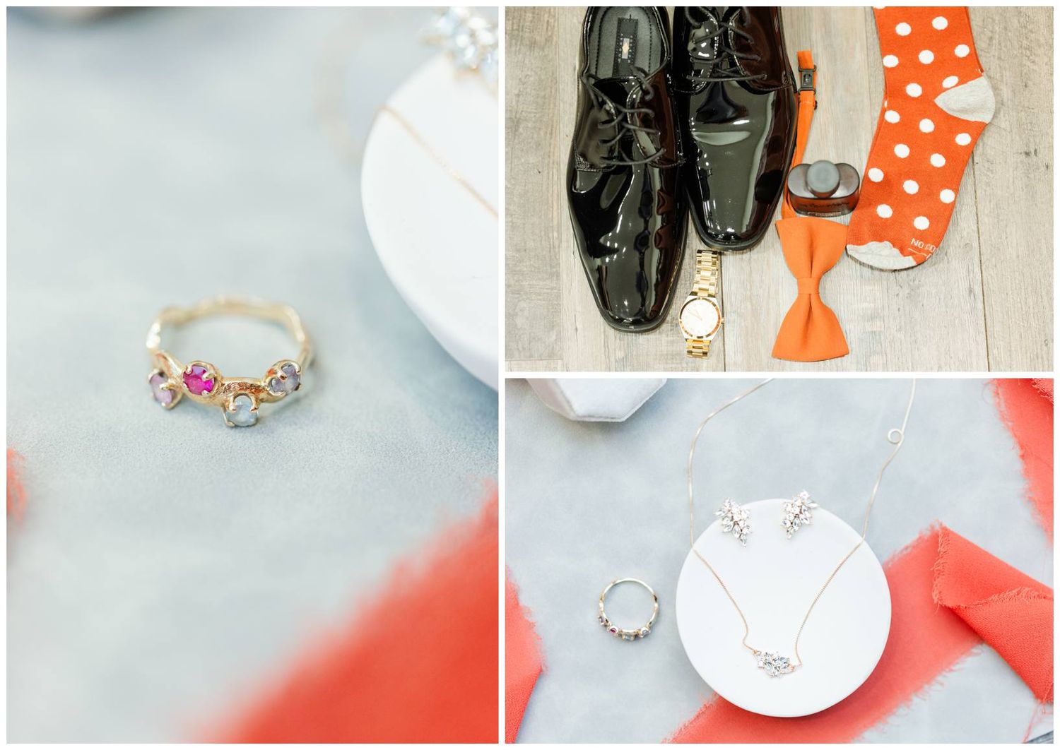 Wedding detail flatlay with orange polka dot socks, elegant shoes, and white plates on light background.