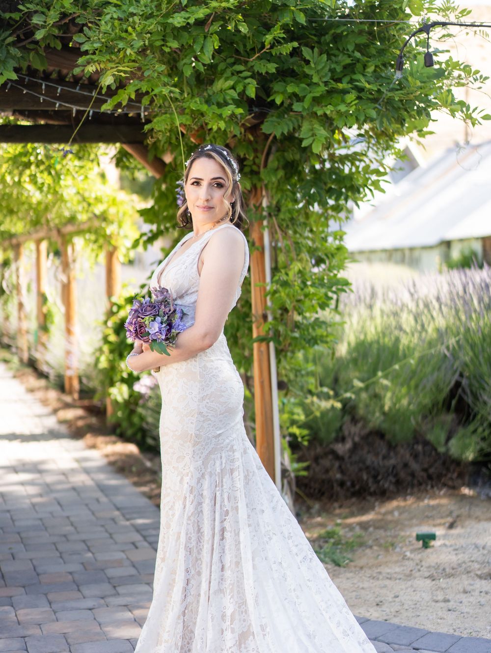 Bride poses in lace mermaid wedding gown with purple bouquet under garden pergola with climbing vines.