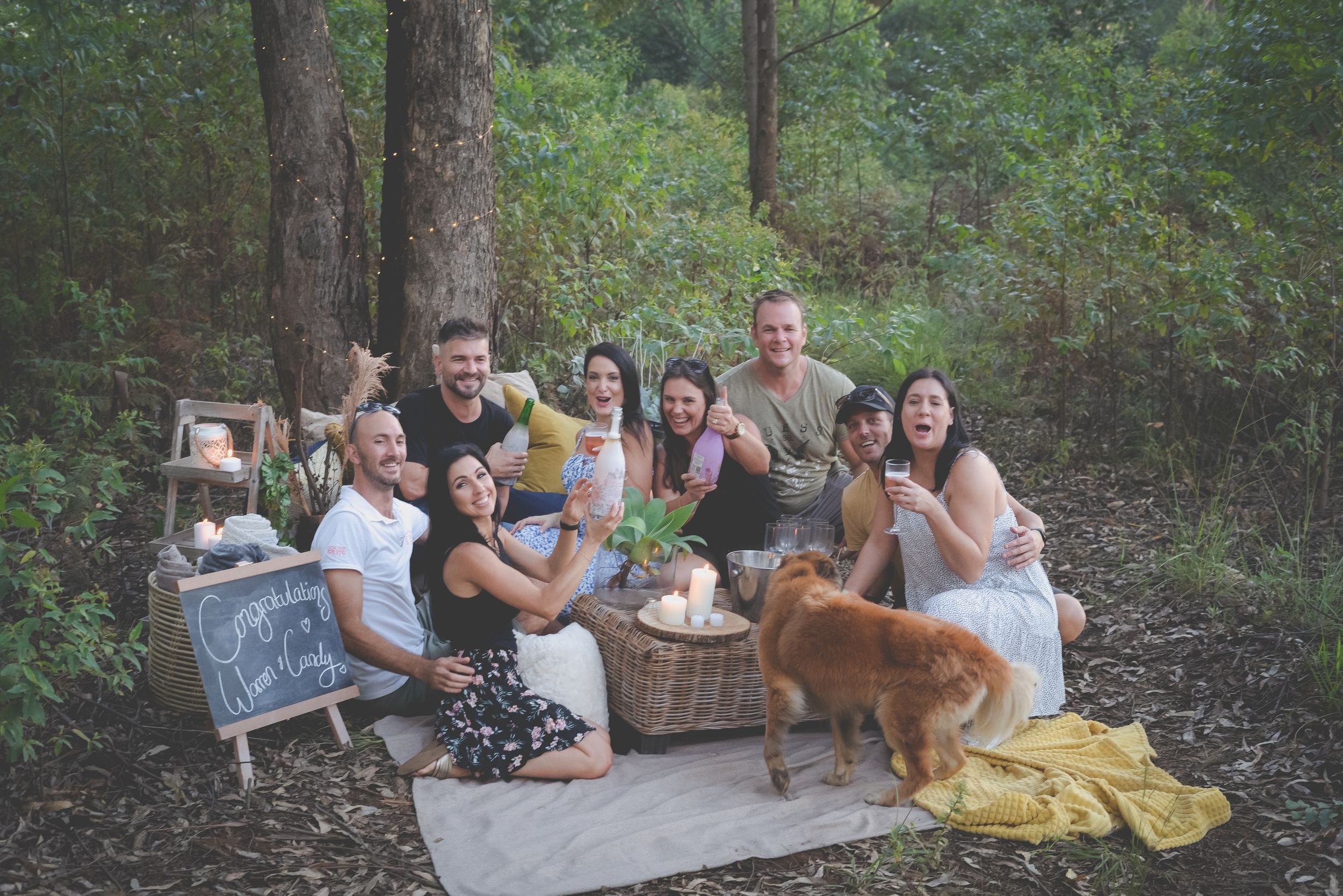 A picnic scene of a group of friends seated on a blanket in a forest toasting to a couples engagment.