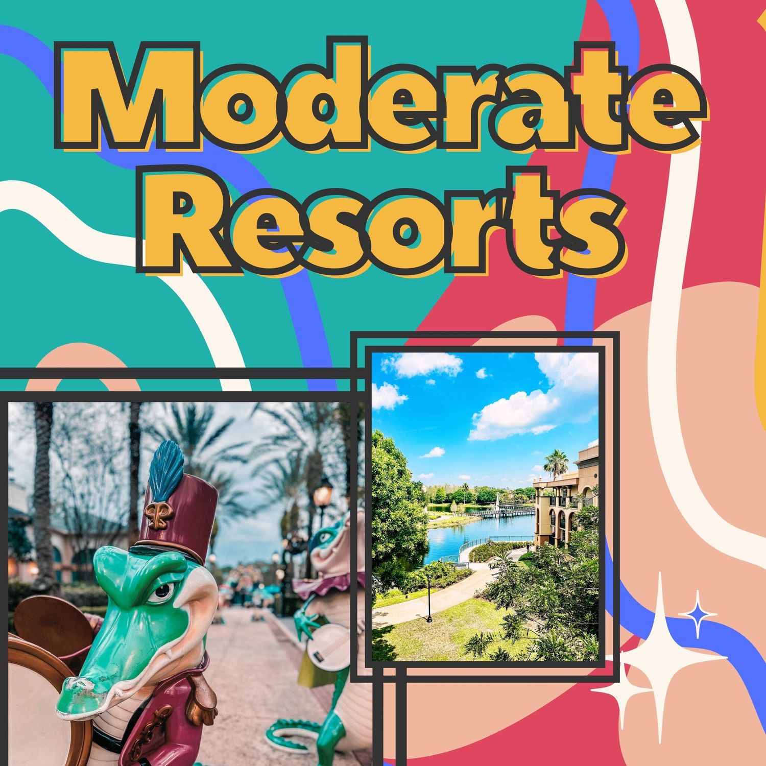 Colorful resort graphic showing travel illustrations with bright teal background and palm trees.