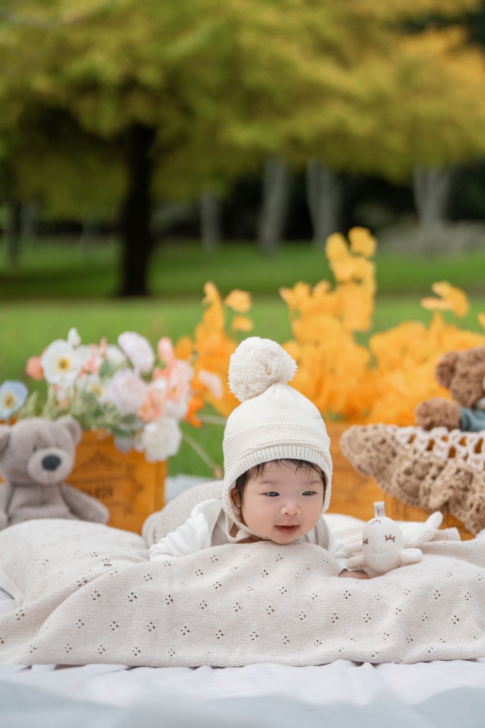 Adorable 100 days baby milestone outdoor photography with cute teddy bears, captured by a professional Auckland baby photographer.