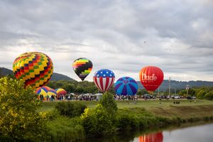 Hot air balloons of various designs and colors reflect in a calm river during a festival launch.