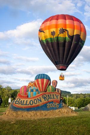 Large balloon rally sign with decorative hot air balloons displayed on a grassy hill.