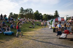 Food vendors and festival attendees gathered in an open area during a summer event.