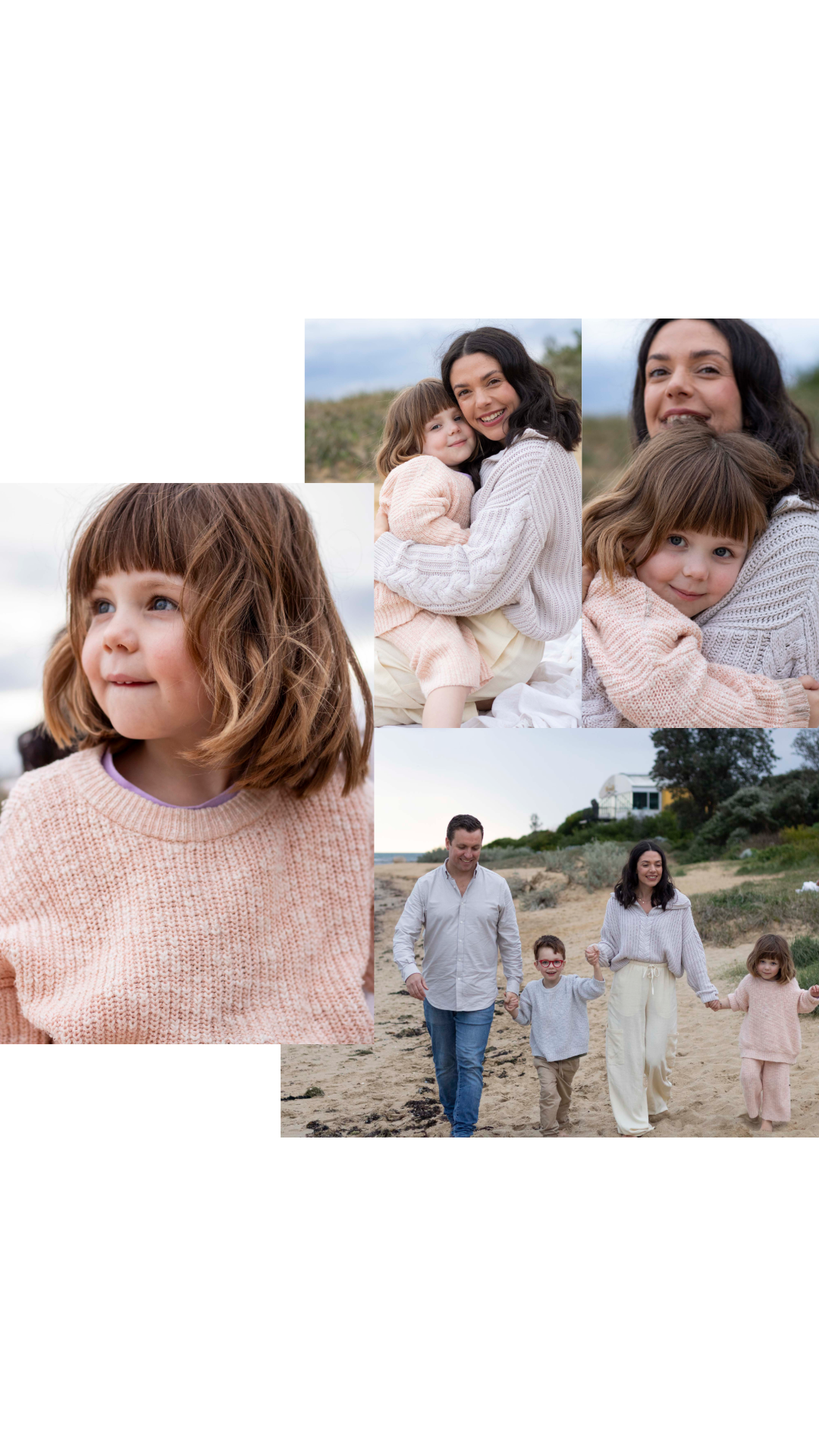 A collage of family photos showing intimate moments and beach walks together.