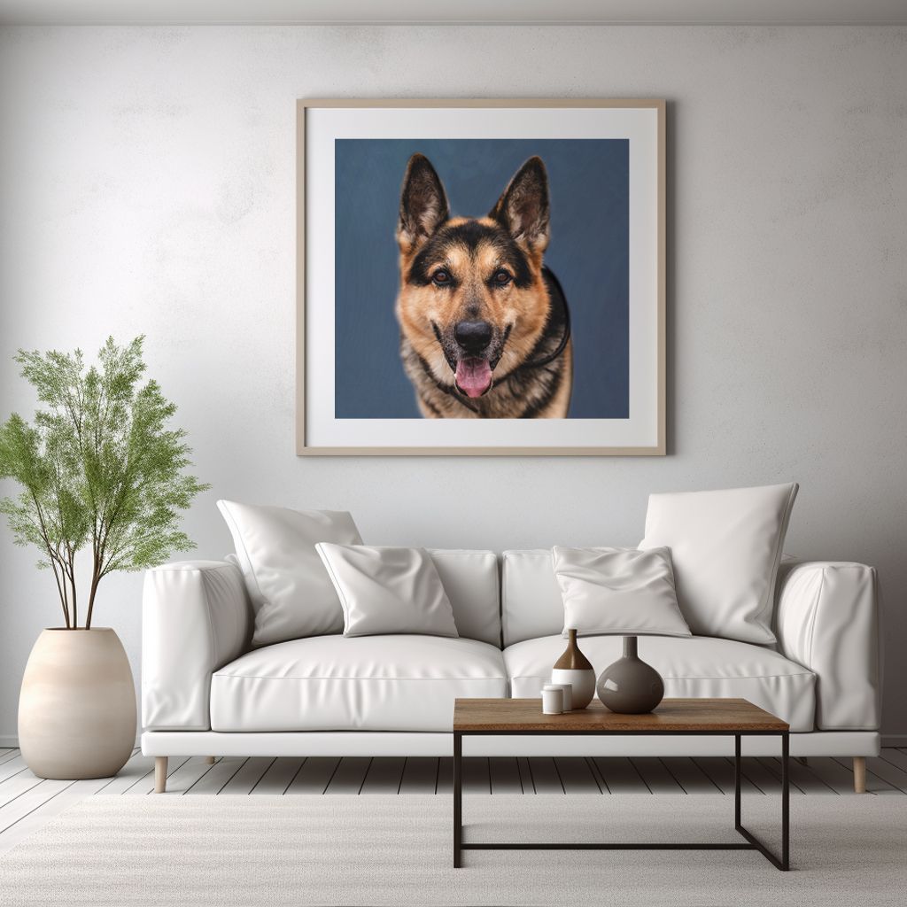A happy German Shepherd dog portrait displayed in a framed artwork above a white sofa in a modern living room.