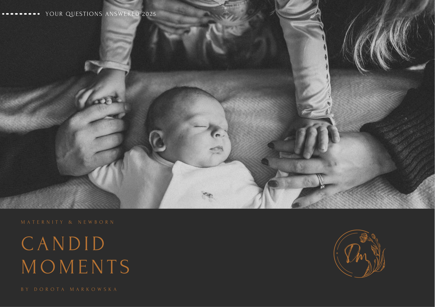Black and white candid baby portrait photographed from above with hands reaching in from the sides.