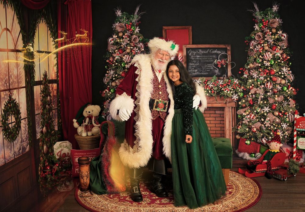 A series of holiday photos with a Christmas tree backdrop featuring people in festive green and red attire.