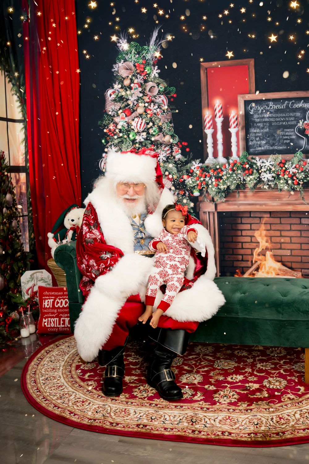 A festive Christmas scene with a decorated tree, fireplace, and presents on a red carpet during the holiday season.
