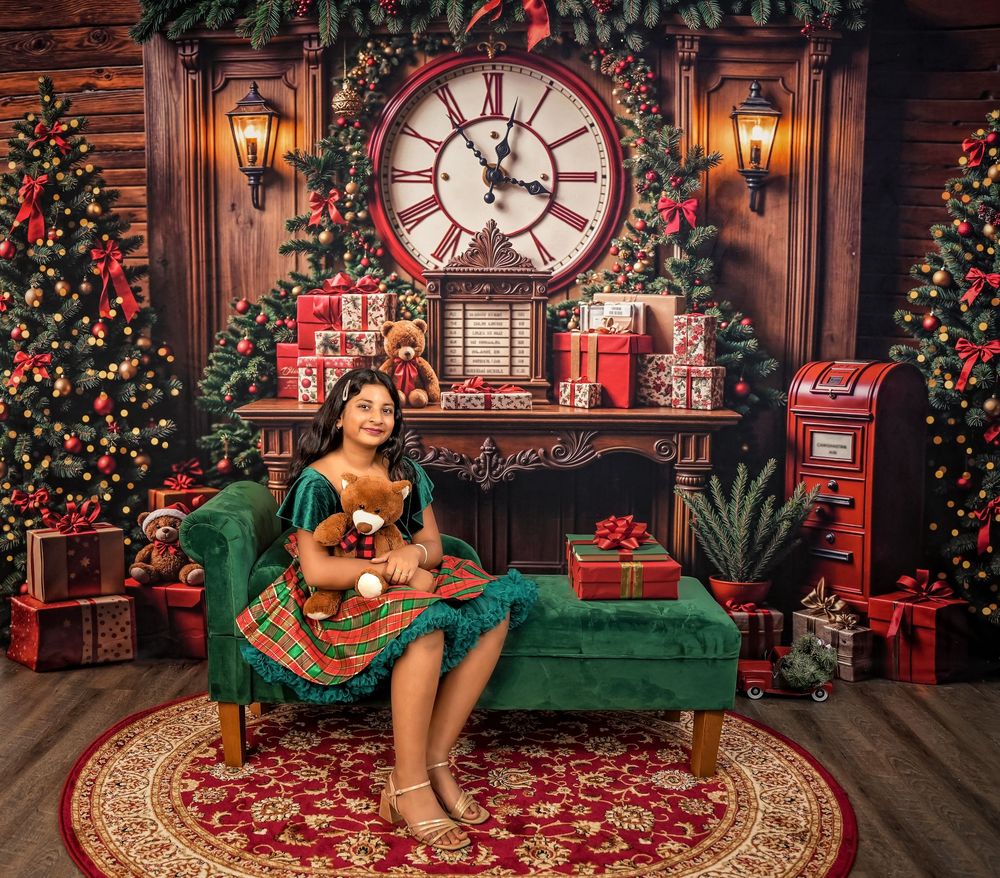 Woman in green dress sits on velvet sofa amid festive Christmas decor with gifts, trees, and large clock.