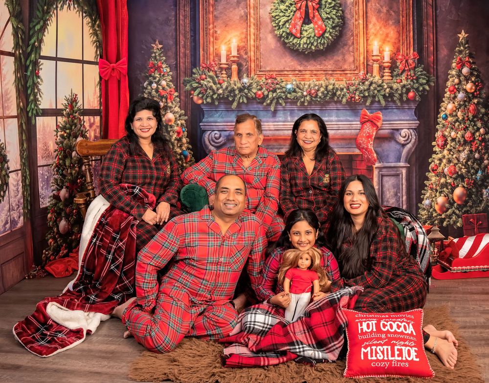 A series of festive Christmas photos featuring matching plaid pajamas, decorated trees, and holiday decor in a cozy indoor setting.