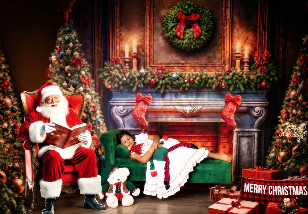 Christmas themed photo studio backdrop with festive decorations, wreaths, fireplaces and Santa's chair in multiple scenes.