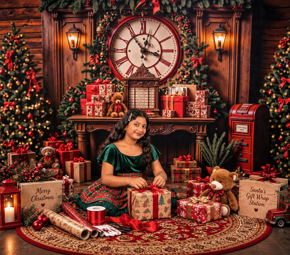 Girl in green dress surrounded by Christmas gifts, wrapped presents, and festive decorations near a fireplace and large clock.
