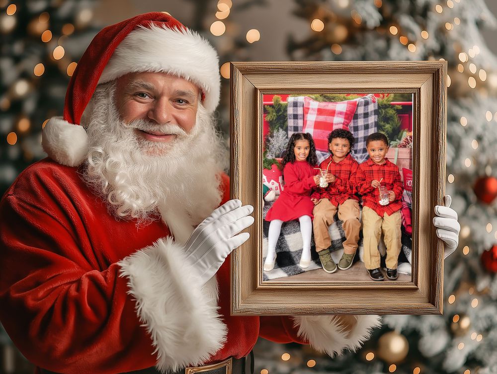 A figure in traditional red holiday attire points to a framed photograph displayed against a festive Christmas scene.