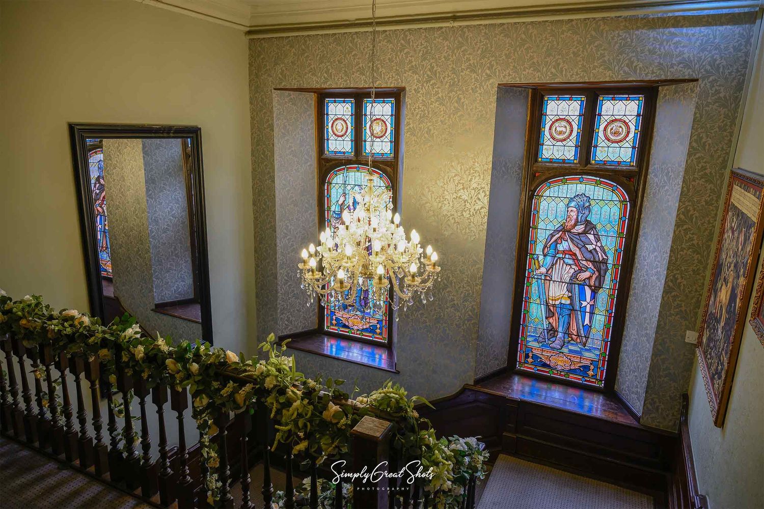 Rothley Court Hotel wedding photographer capturing historic Templar stained glass windows