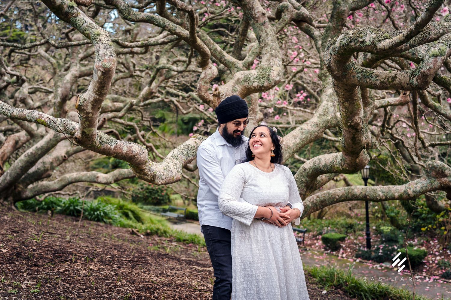 A couple embraces under twisted branches of a large tree with pink blossoms.