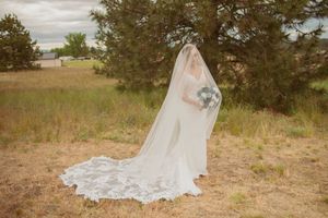 A stunning bridal portrait sequence showing the flowing cathedral veil and lace wedding dress in a rustic outdoor setting.