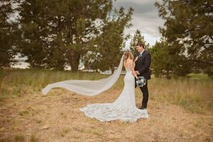 Dramatic wedding photo with flowing veil caught in the wind as couple stands in golden field.