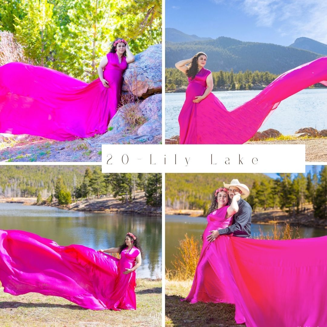 Bright flowing pink fabric creates artistic movement against scenic mountain lake and forest backdrop in autumn.