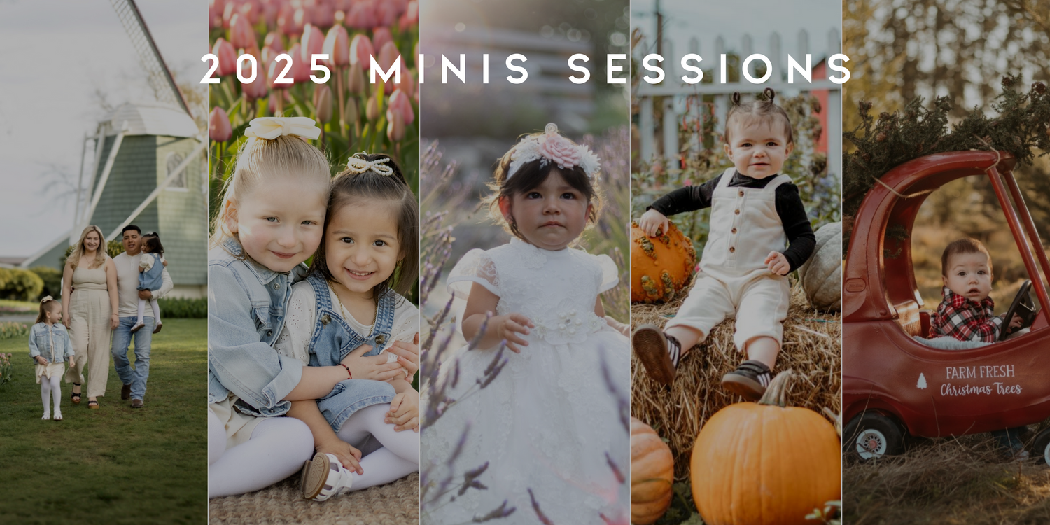 Fall mini photography sessions collage with outdoor autumn scenes featuring pumpkins and wagon props.