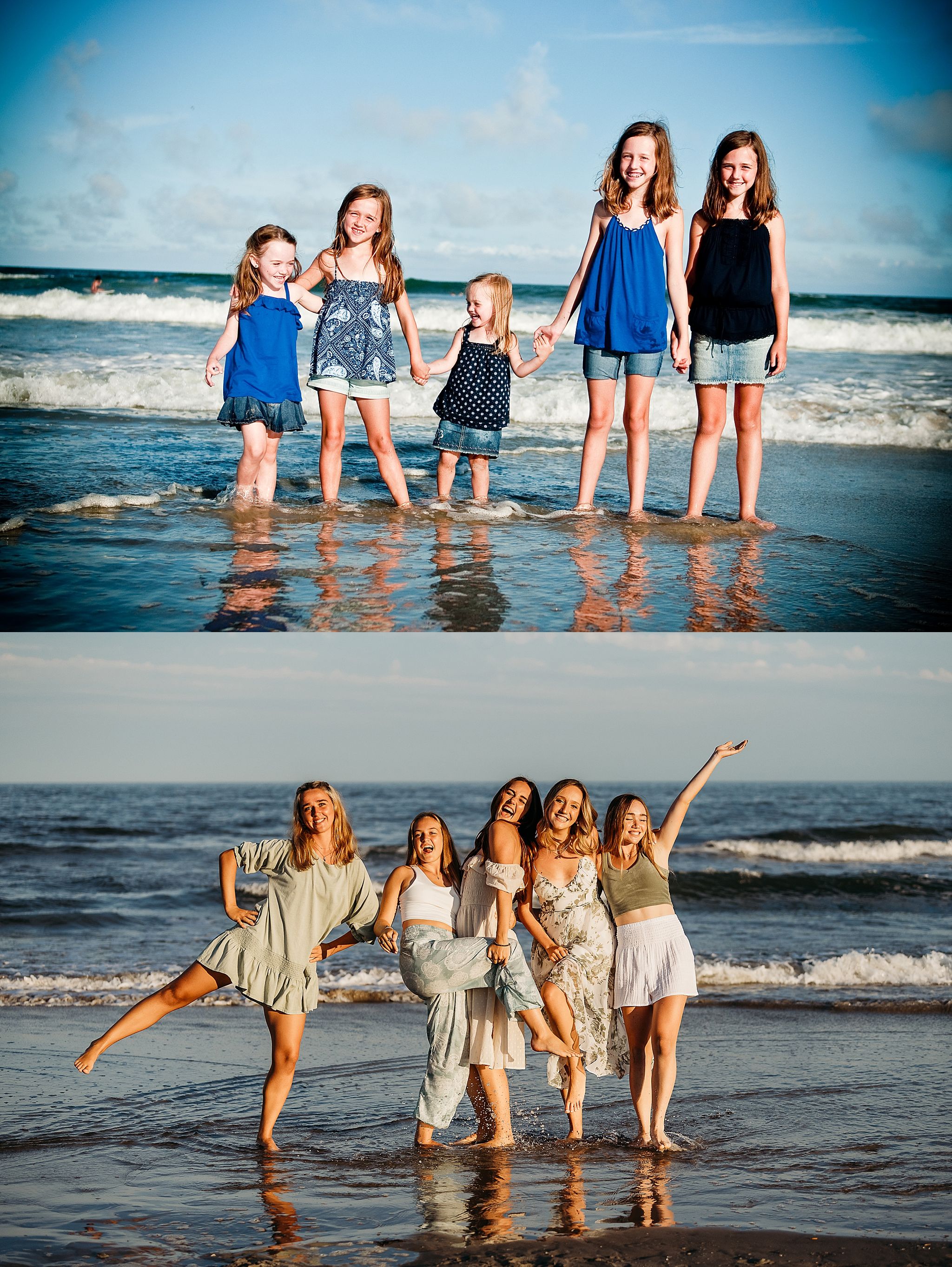 Group enjoying a fun beach photoshoot with ocean waves at sunset in matching blue and white outfits.