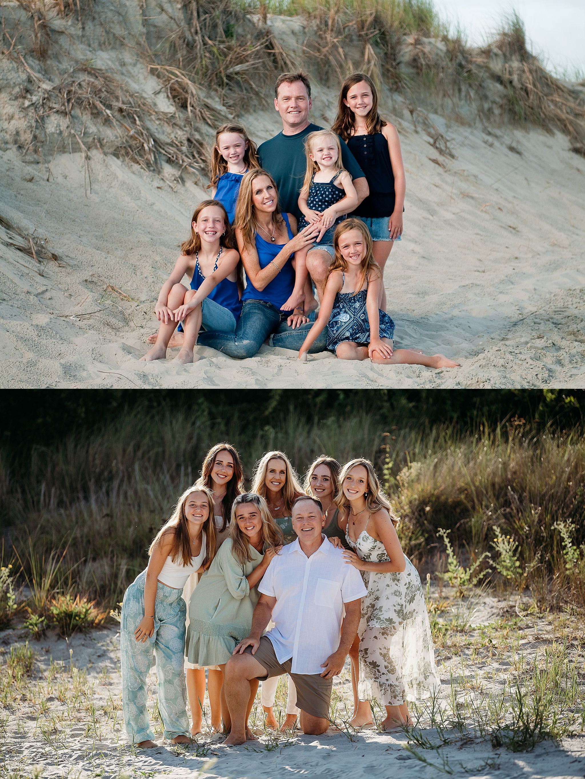 Two outdoor beach portraits featuring a group of people in casual attire posing on sandy dunes at sunset.