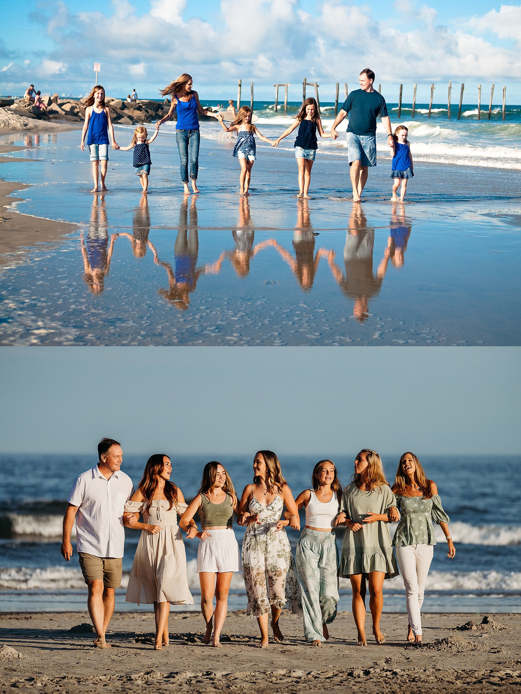 Group walking together along a beach shoreline with reflections in wet sand and ocean waves in the background.