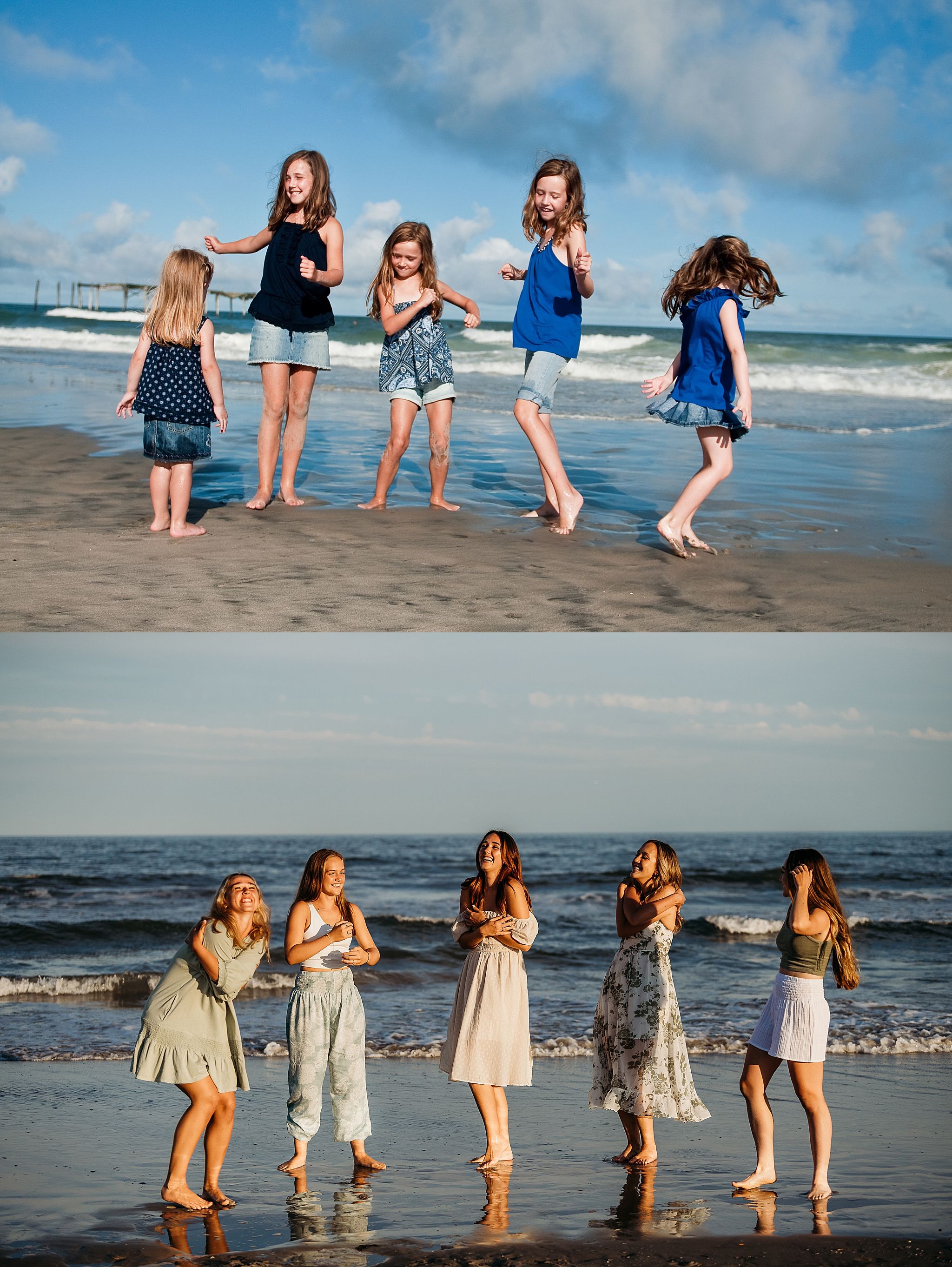 A playful sequence of friends jumping and splashing in the ocean waves at the beach during golden hour.