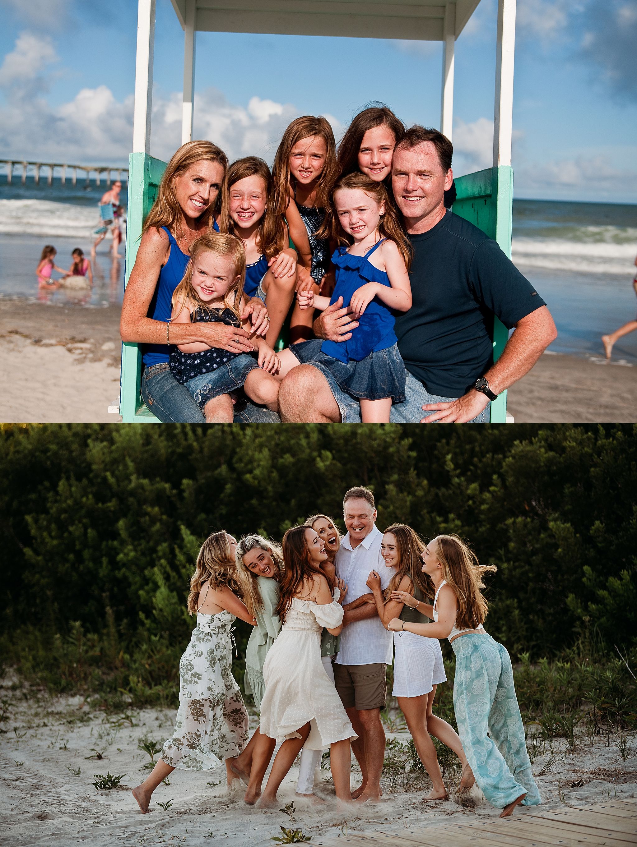 A group poses together for beach photos at the oceanfront and on sand dunes in summer vacation style attire.
