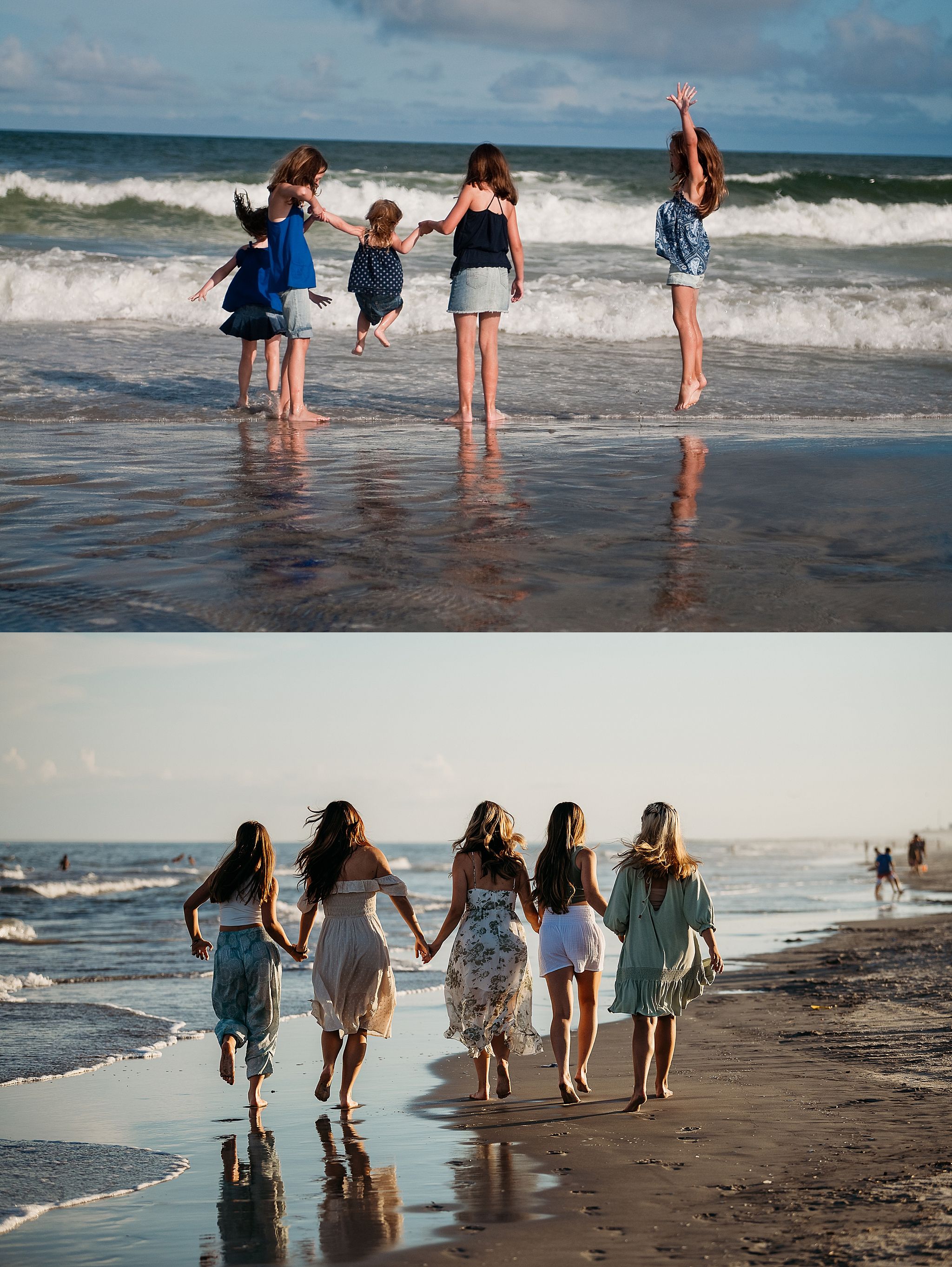 A group plays together at the waters edge on a beach as waves crash behind them during a sunny summer day.
