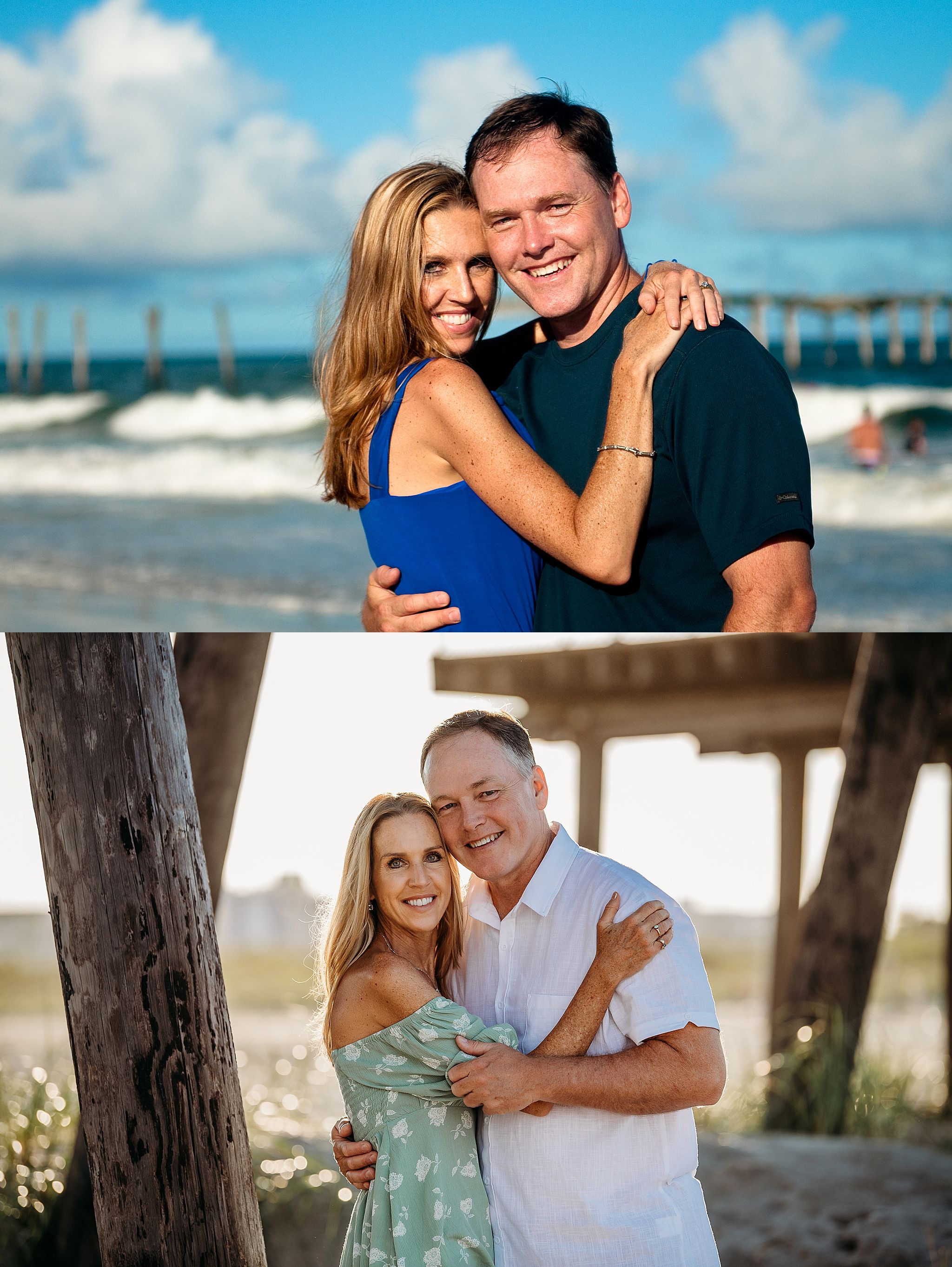 A couple embraces on the beach with a pier in the background and share another loving moment under wooden structure.