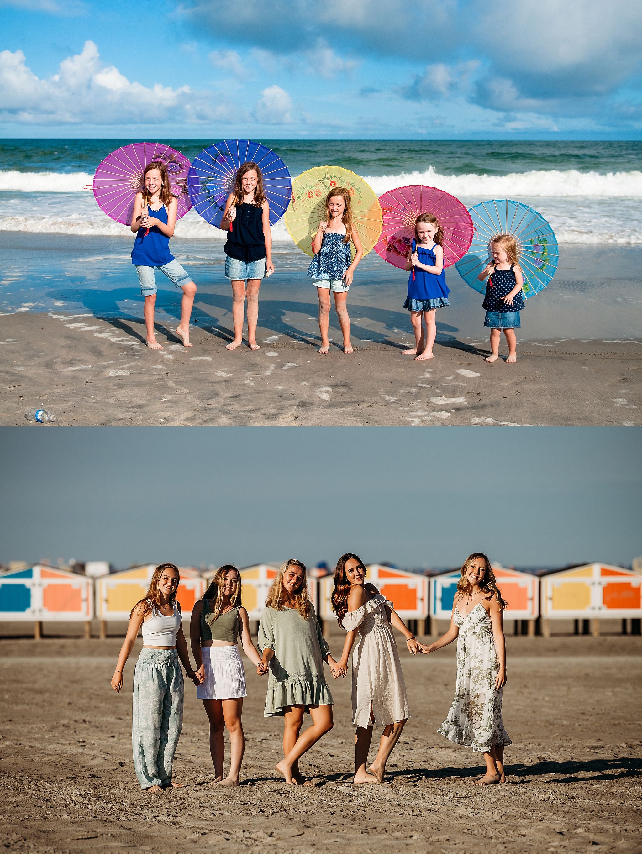 A group in colorful summer outfits poses on a beach, top photo with parasols by waves and bottom at sunset by beach cabanas.