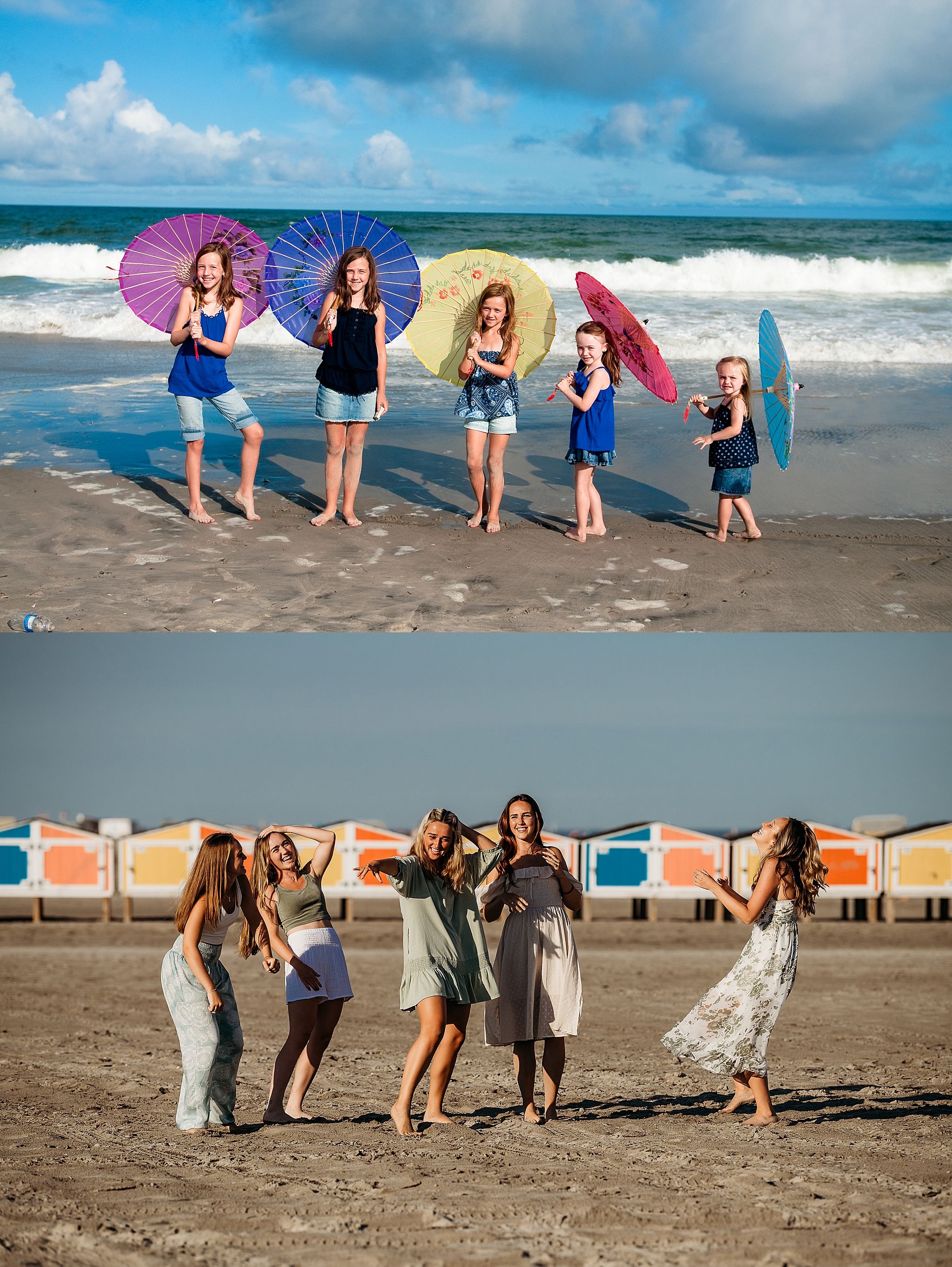 A group holding colorful parasols poses on a beach at the ocean's edge, followed by a candid beach gathering scene at sunset.