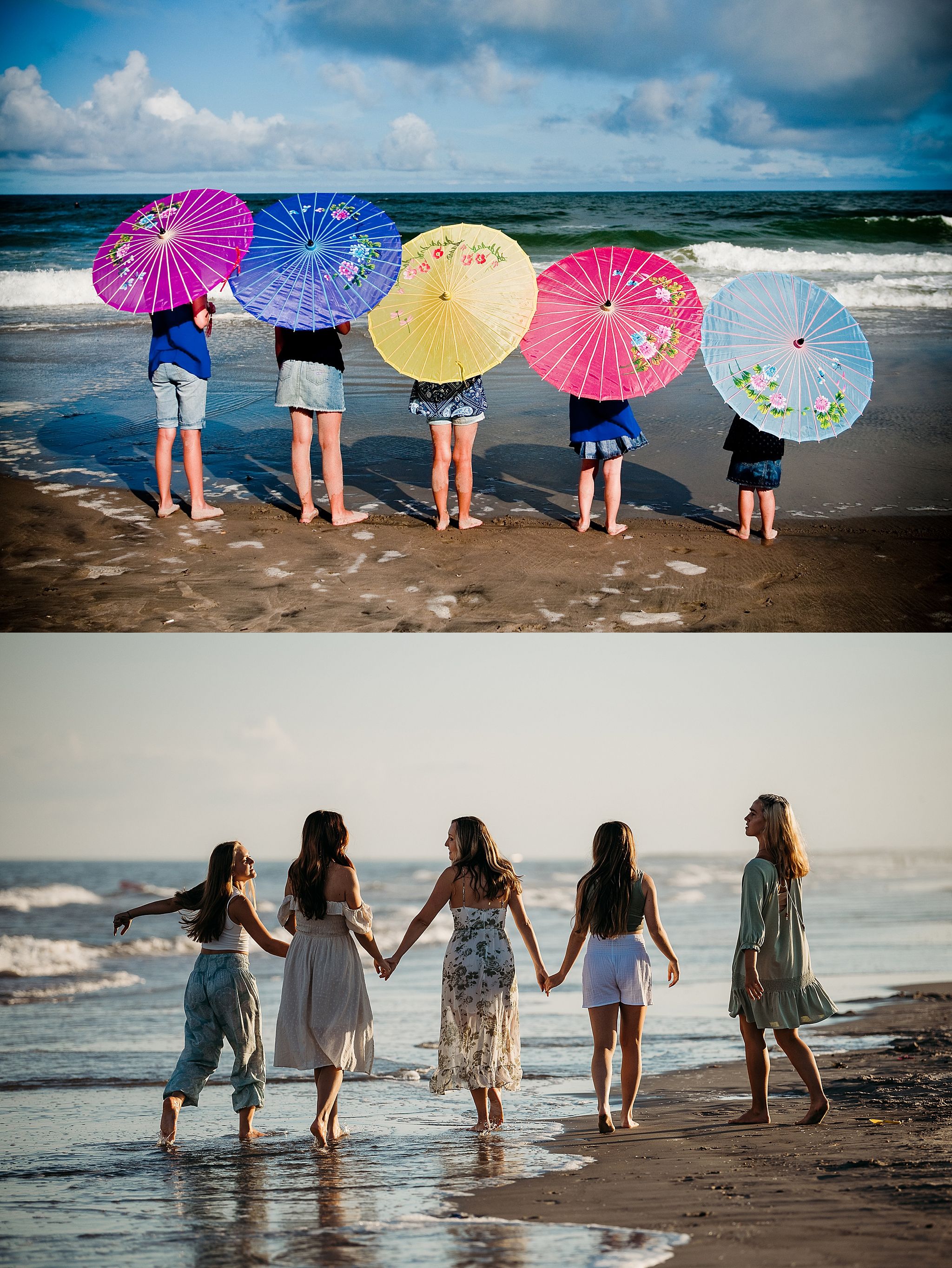 A scenic beach photo showing colorful paper parasols and a group walking along the shoreline at sunset in two different shots.