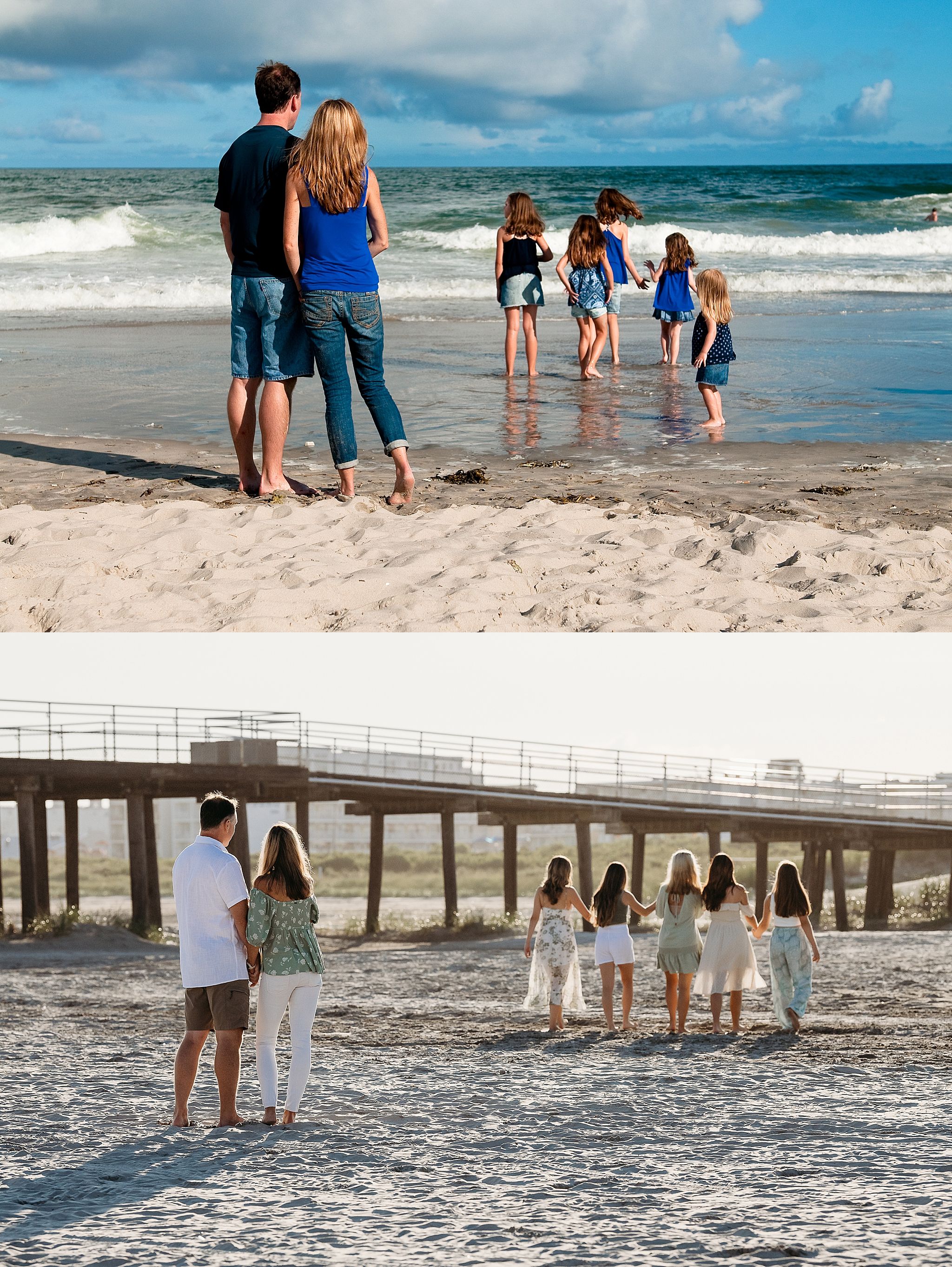 Beach photography showing families posing by the ocean in casual attire at sunset and sunrise.