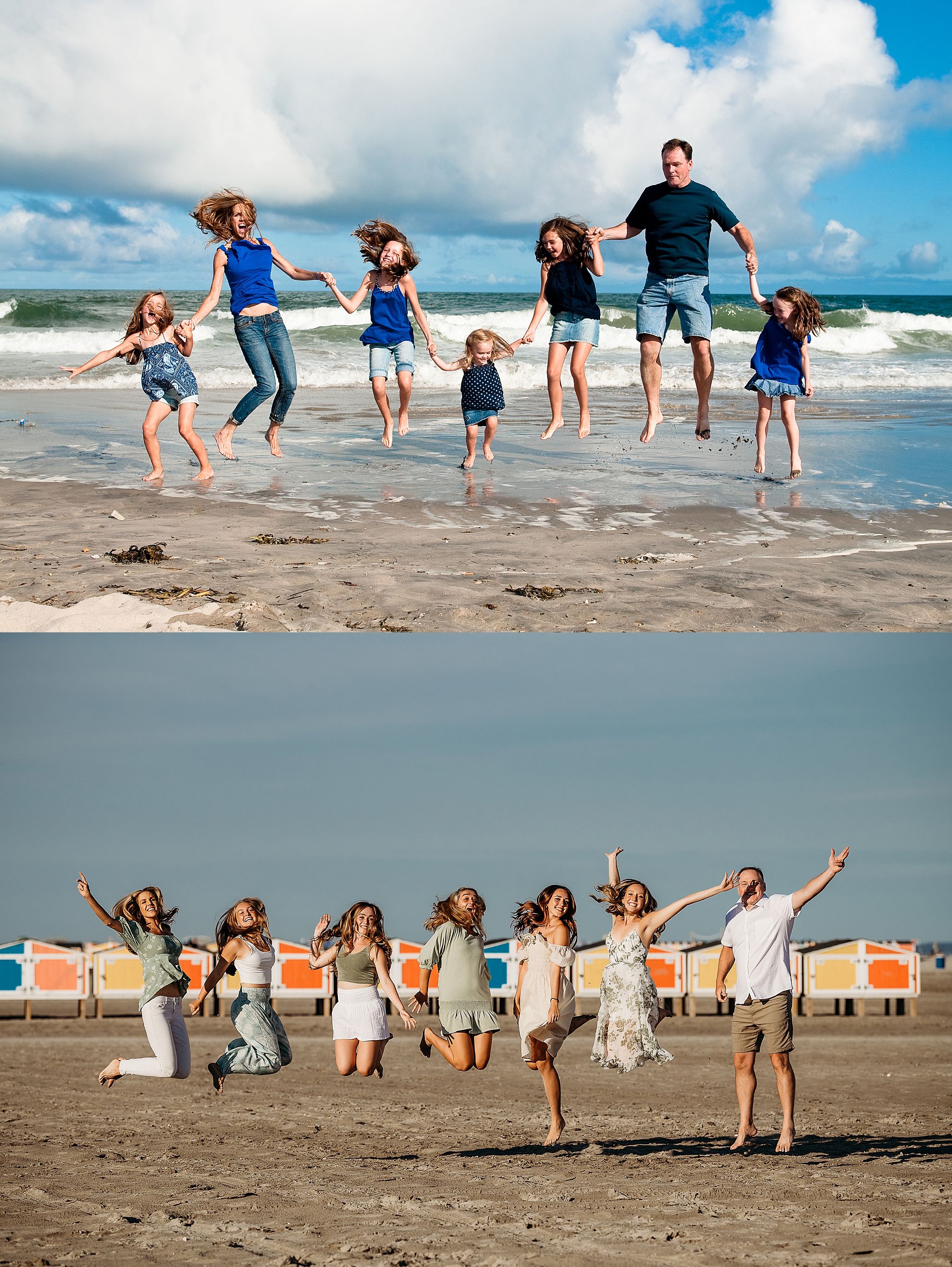 Two group photos showing joyful jumping poses on the beach with ocean waves and cloudy skies in the background.