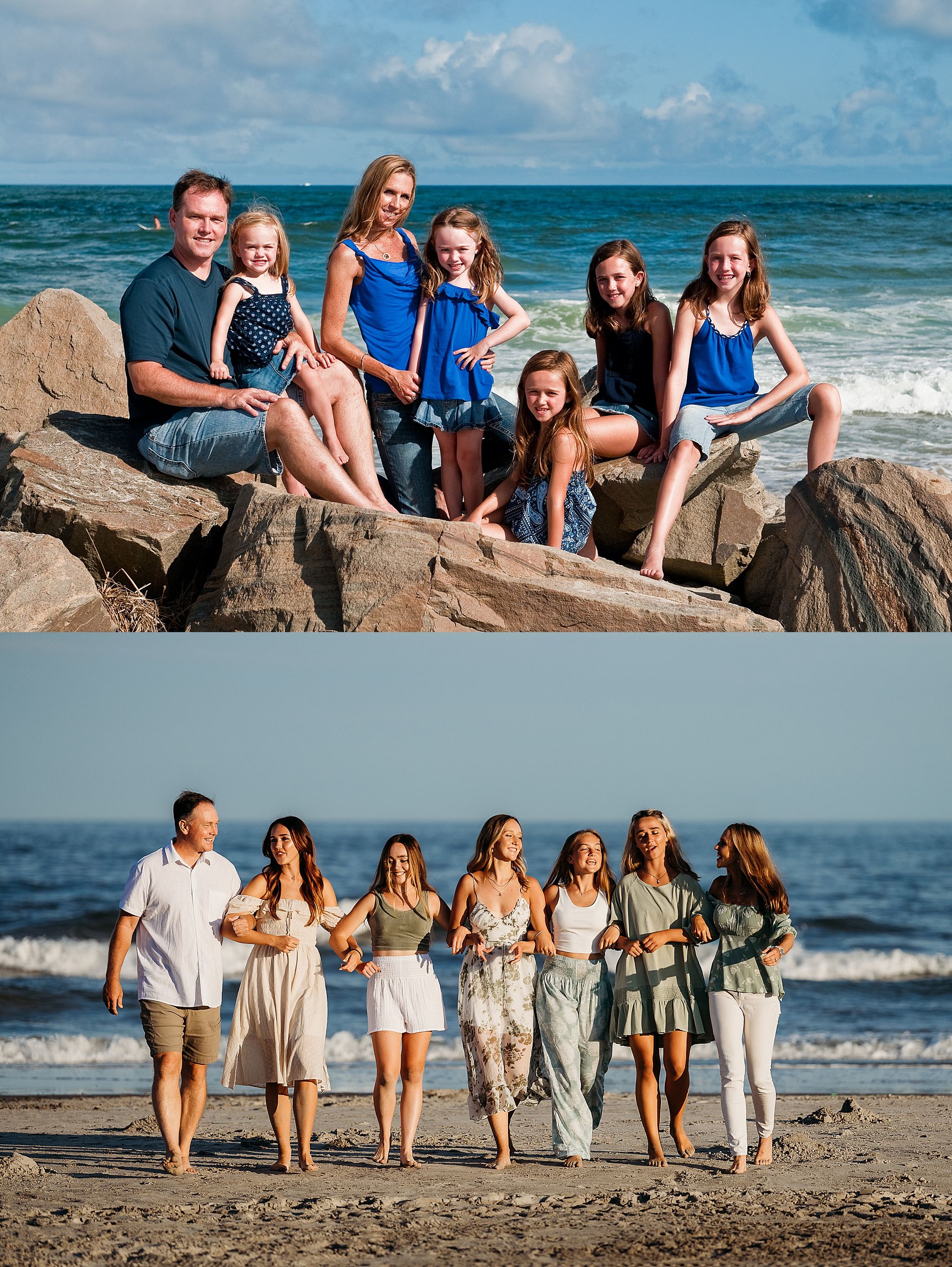 Family group in coordinated blue outfits posing on coastal rocks, and second group walking together on sandy beach at sunset.