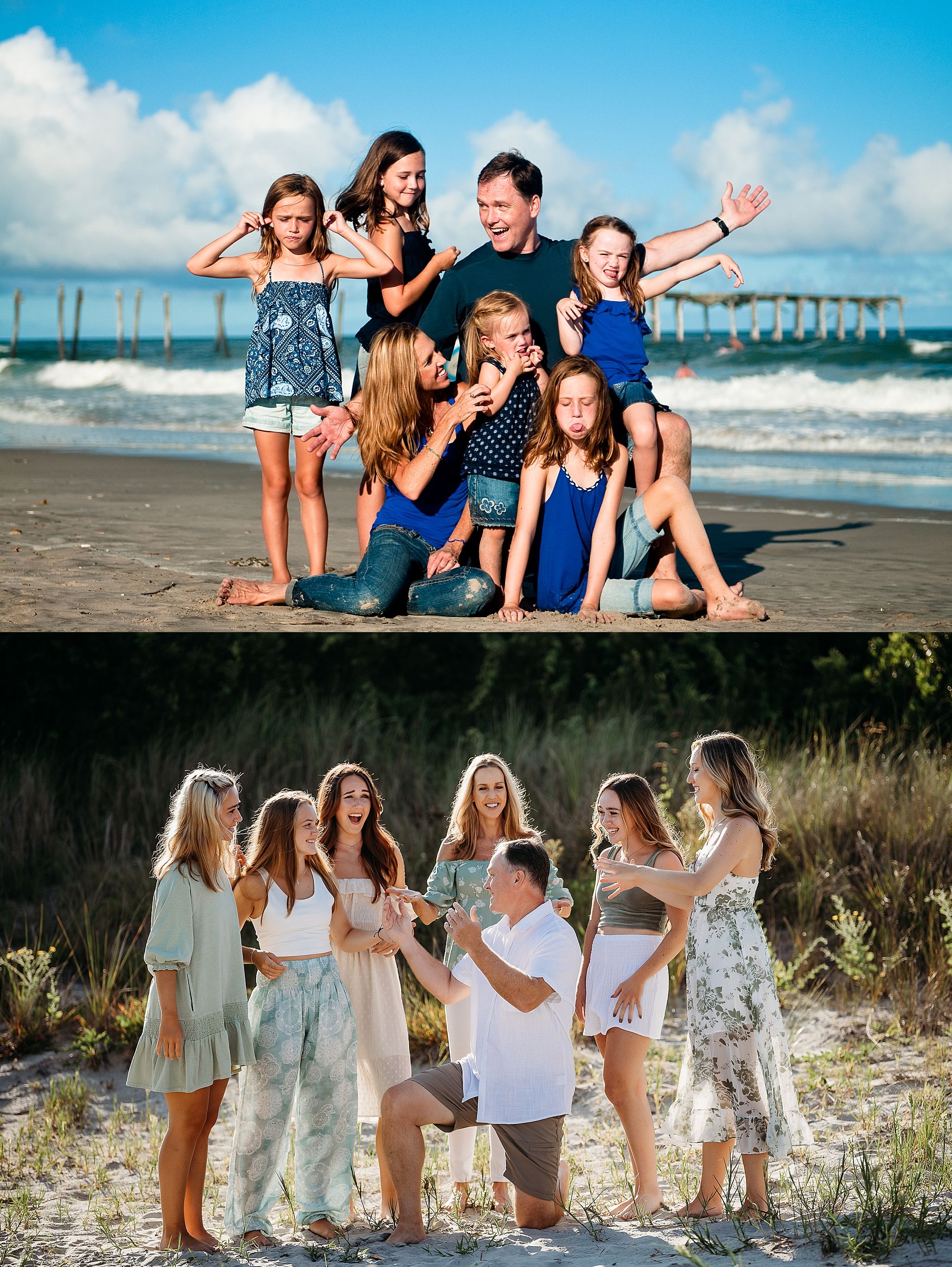 Two group photos of friends enjoying a photoshoot at the beach and in a natural setting with casual outfits.