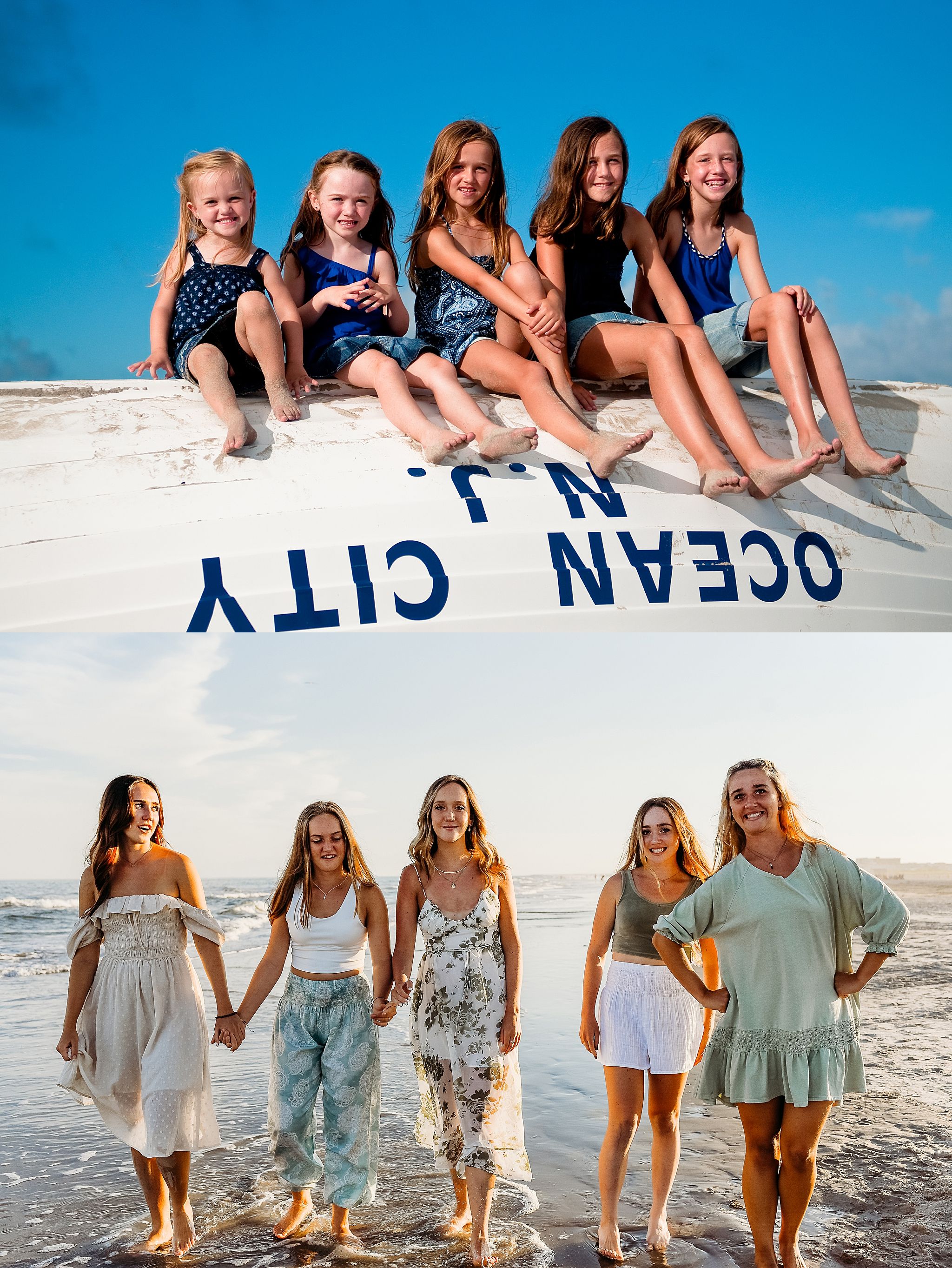 A group of people enjoying a sunny day at the beach, posing together in matching light colored outfits against the ocean backdrop.