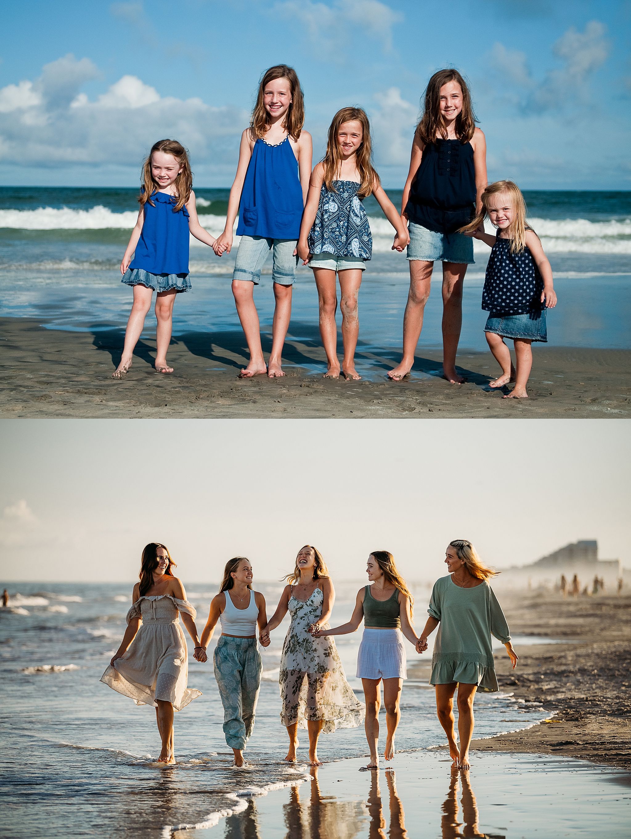 Group of friends enjoying summer day walking along sandy beach shore with ocean waves and blue sky in background.