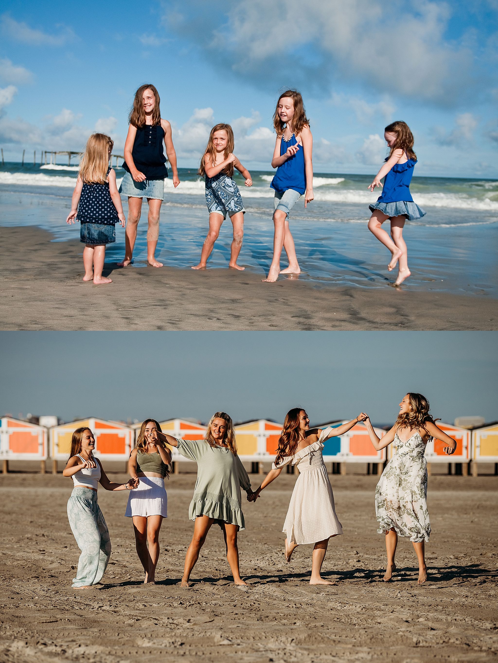 A group enjoying a beach day together, playing in the sand and surf while wearing casual summer dresses and beachwear.
