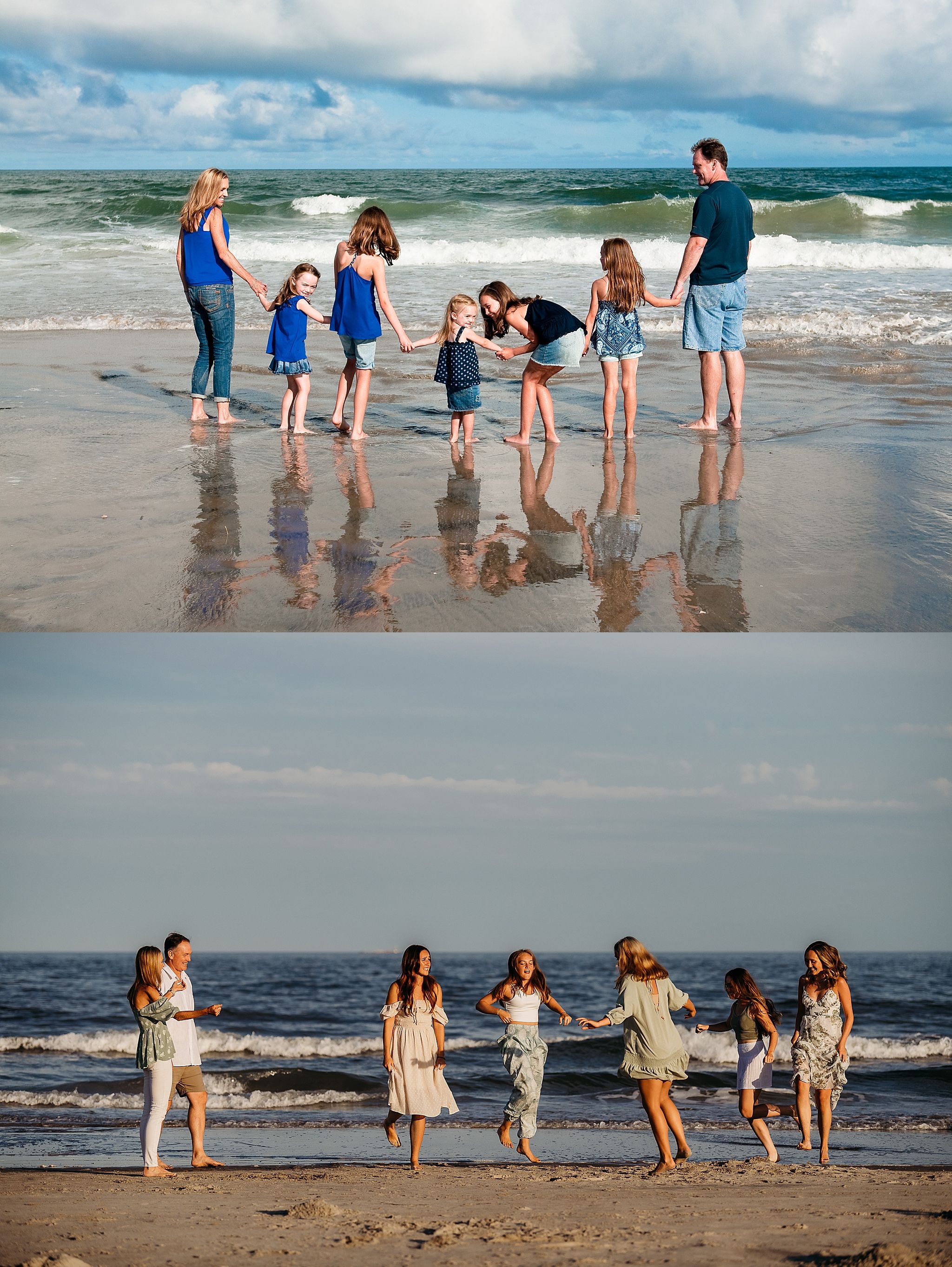 Two casual beach photos showing a group of people having fun and posing together on a sandy shoreline at the ocean.